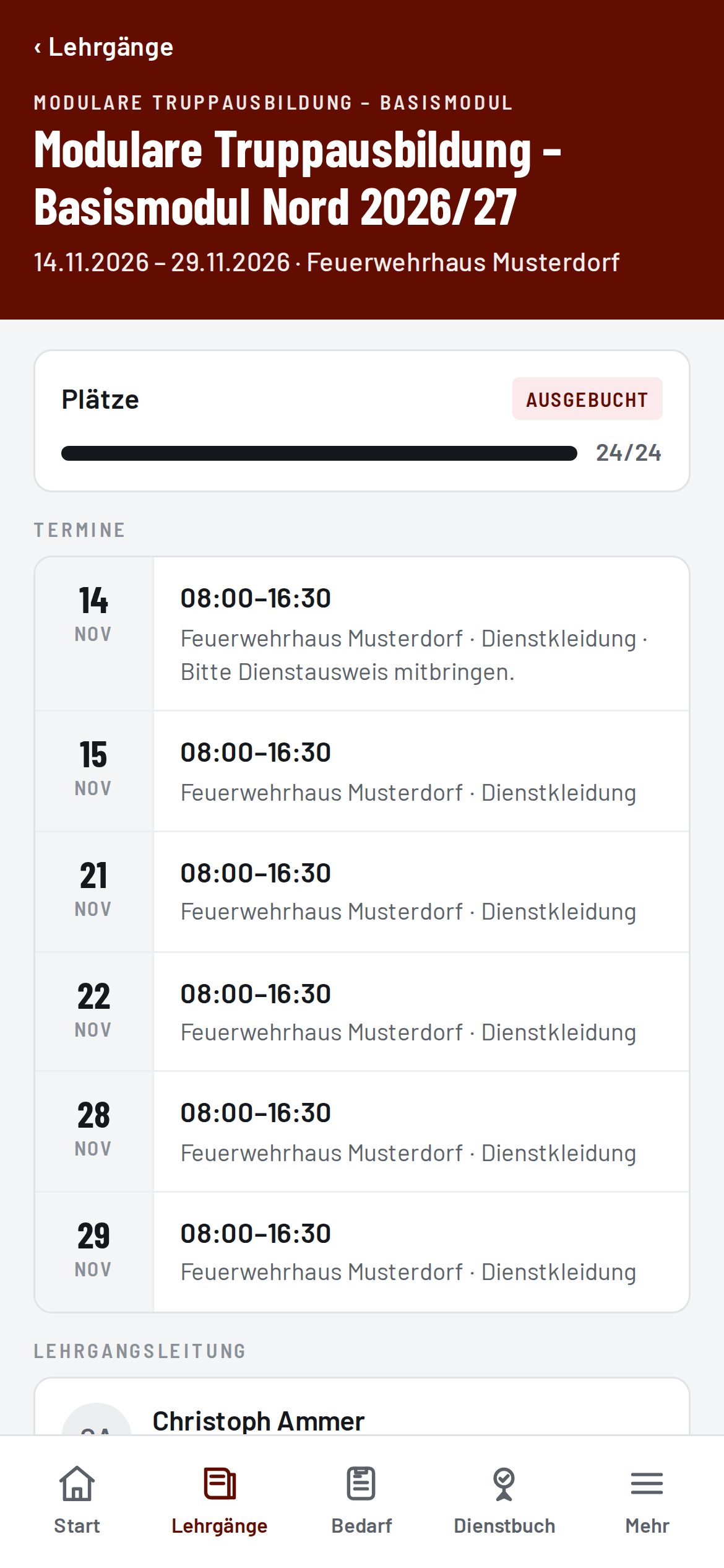Lehrgangsdetails mit Terminen in der App