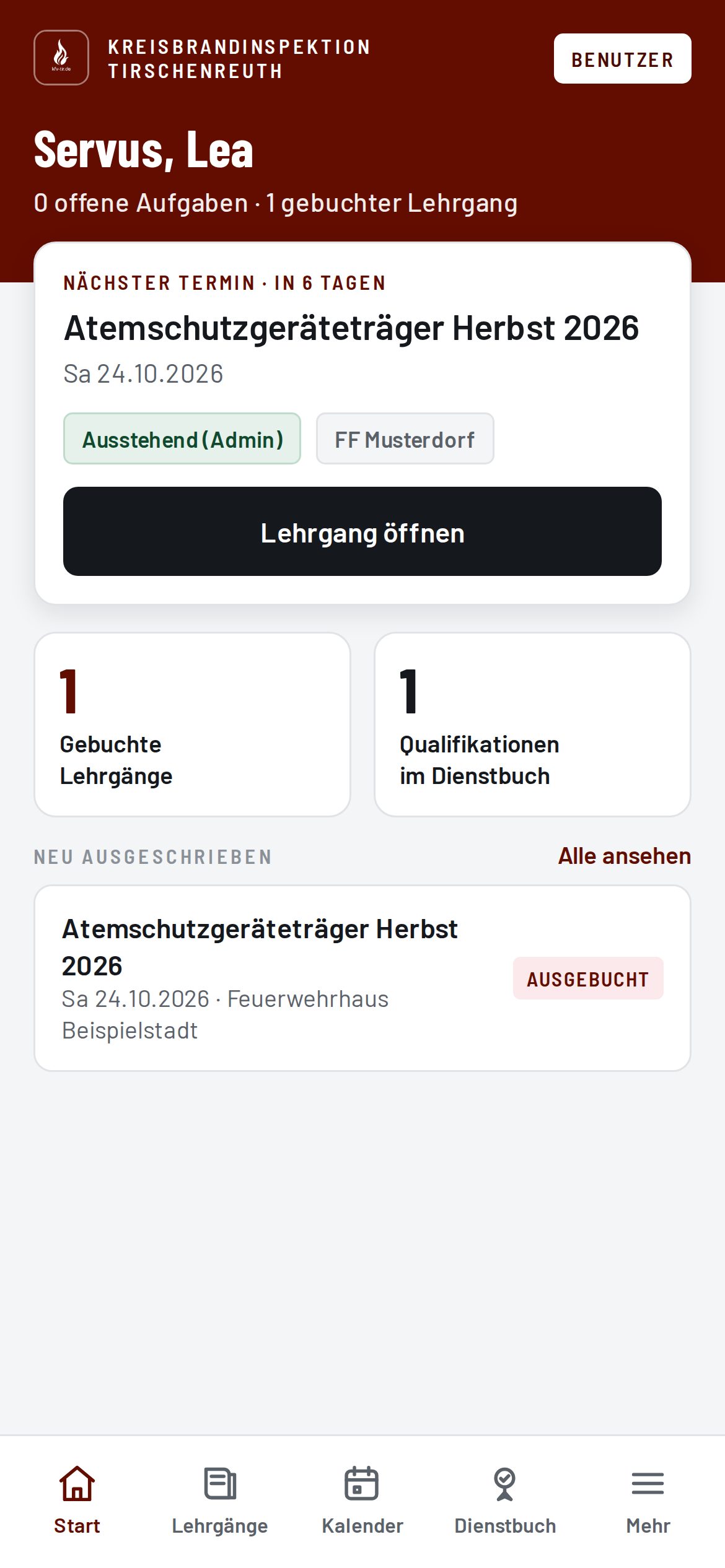 Startseite der Mitglieder-App mit dem nächsten Lehrgangstermin