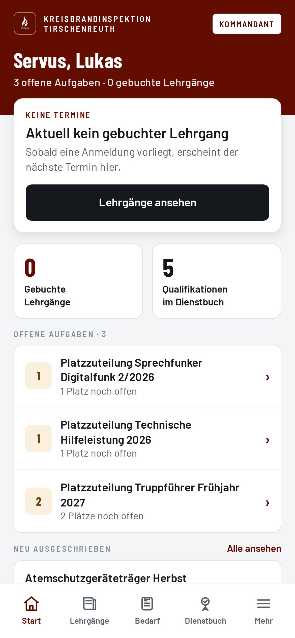 App-Startseite für Kommandanten mit offenen Aufgaben